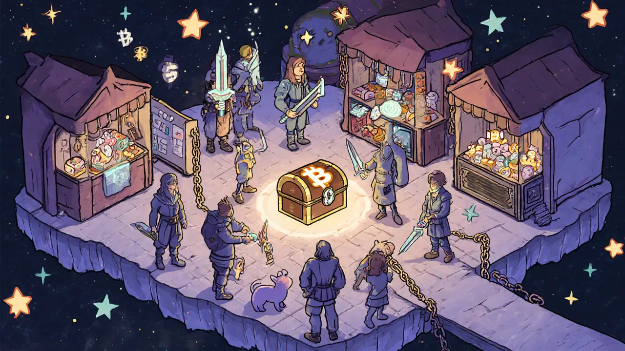 Diverse players trade glowing NFT items in a floating digital marketplace with blockchain bridges and treasure chest wallets.