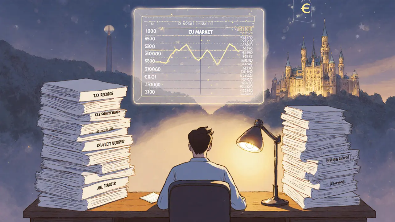 Entrepreneur surrounded by tax and transaction records under a glowing lamp, digital ledger above