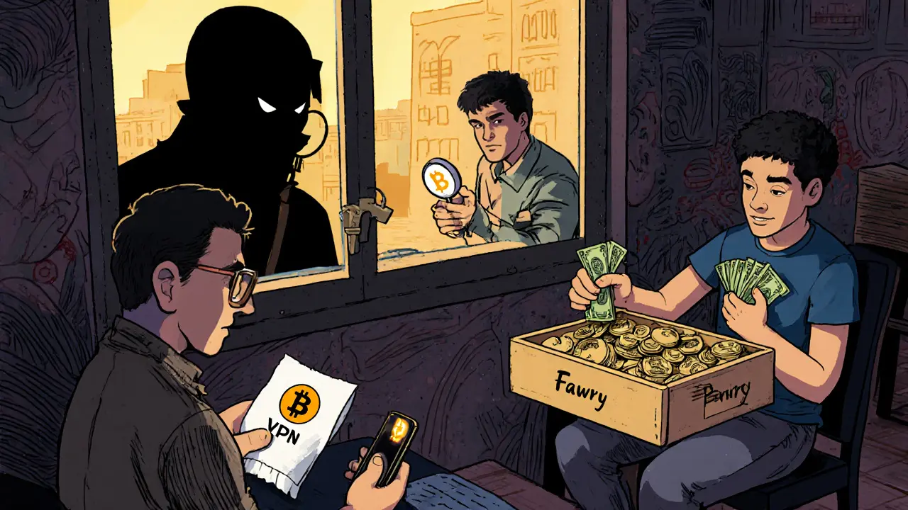 Friends trade Bitcoin with cash in a Cairo café while a bank monitor watches through a keyhole.