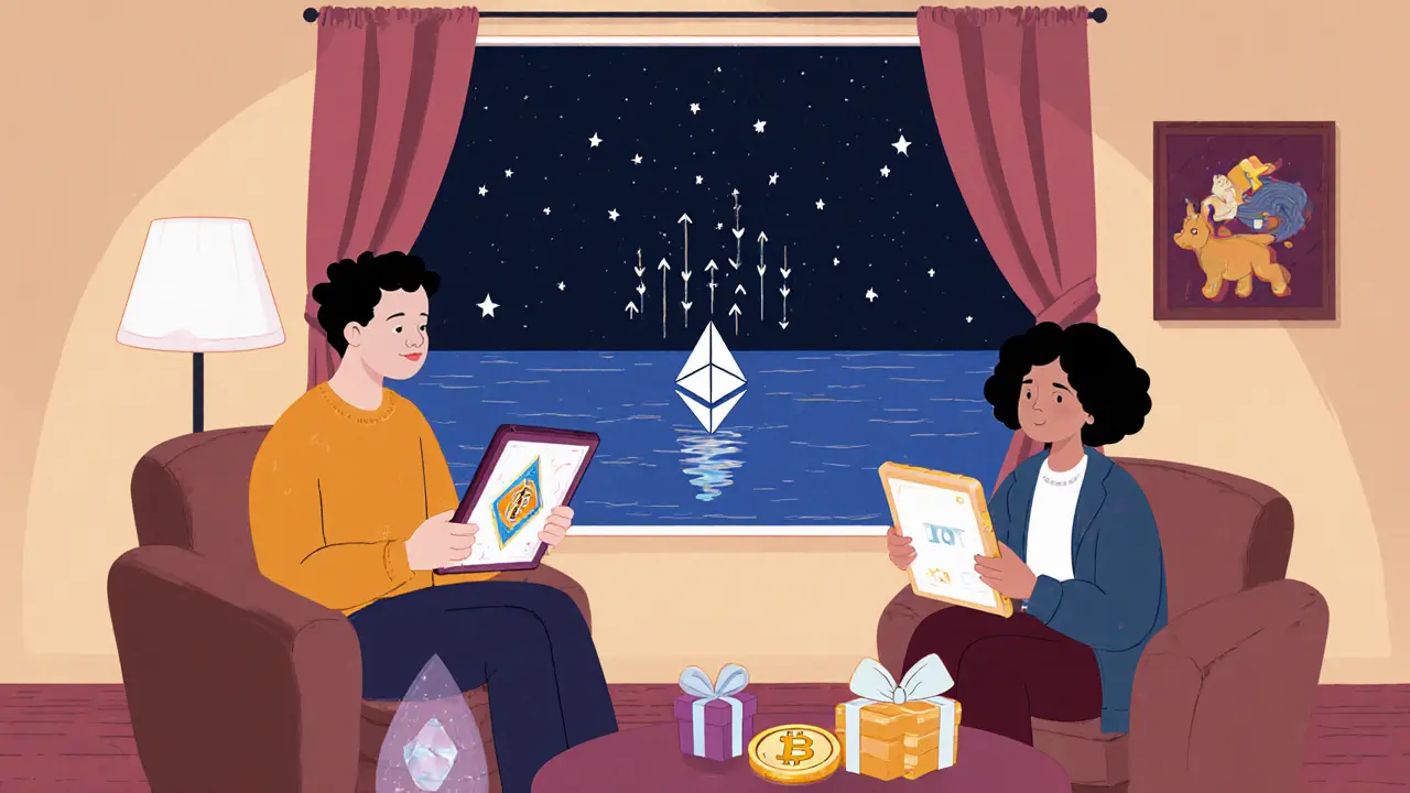 People playing and trading on tablets in a cozy room, with gentle transaction lights rising toward a distant blockchain.