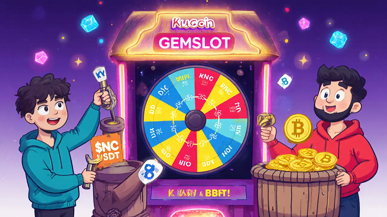 Playful GemSlot game booth on KuCoin with avatars spinning for BNC tickets and trading tokens.