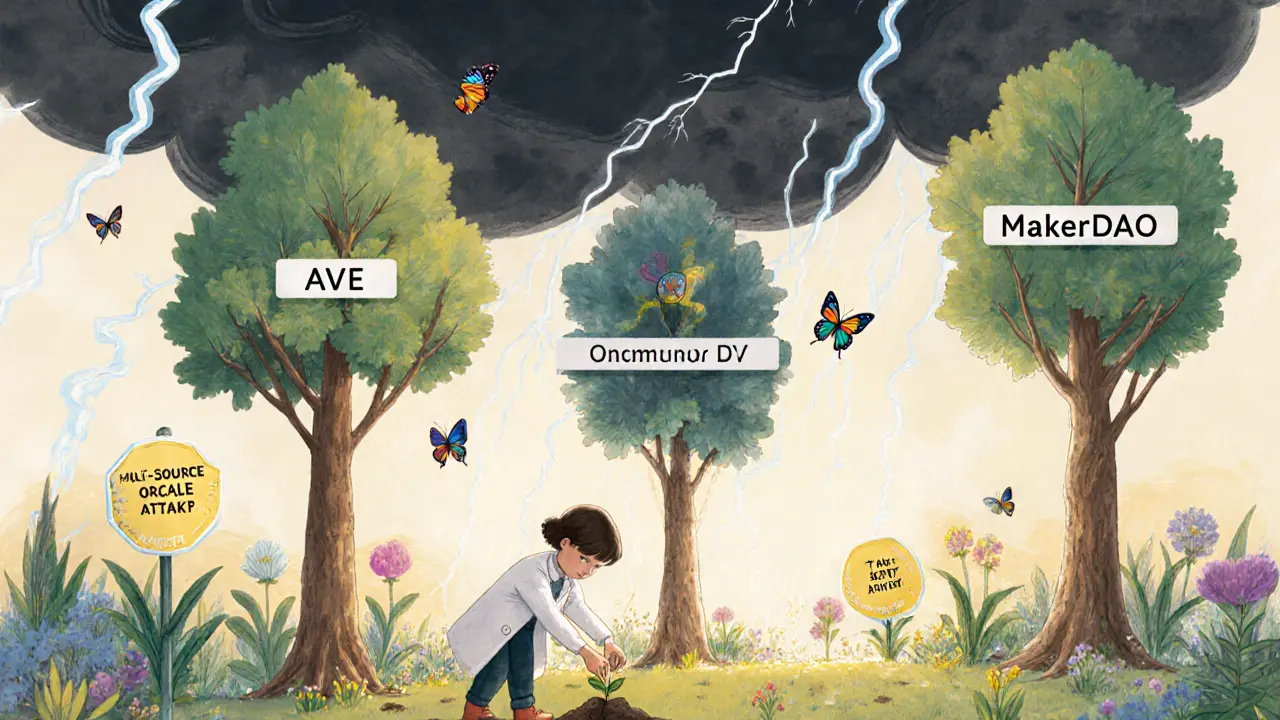 Secure DeFi protocols grow as trees in a peaceful garden, protected from a dark flash loan storm.