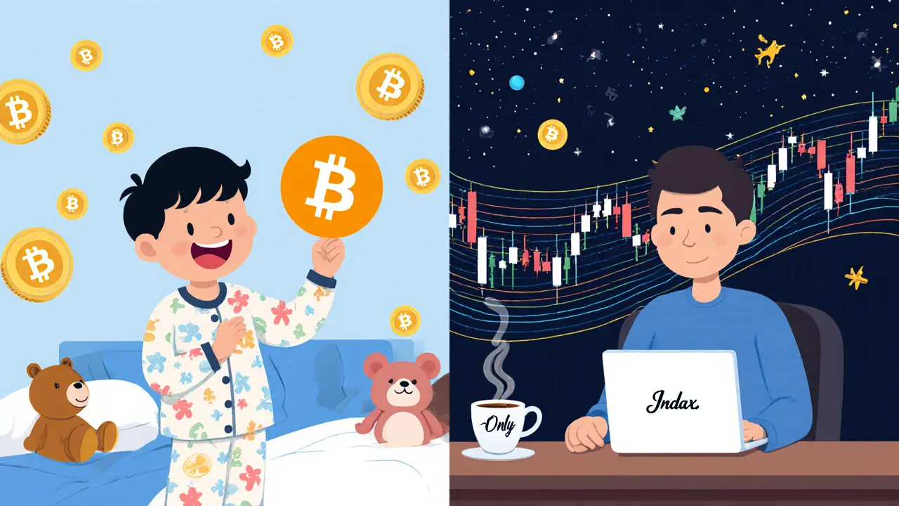 Split scene: a child buying Bitcoin simply on Indodax Lite, and a trader analyzing complex charts on Indodax Pro with IDR-themed elements.