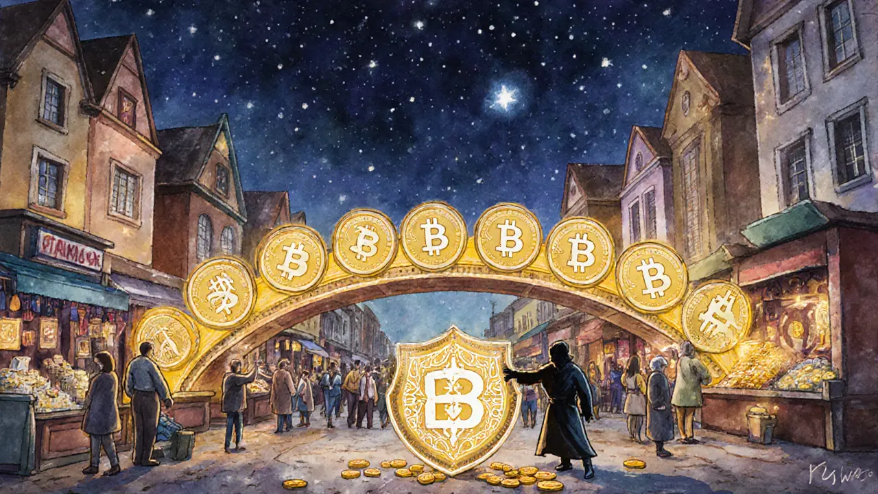 Traders exchange native coins at a starlit marketplace with RUNE tokens as glowing bridges.