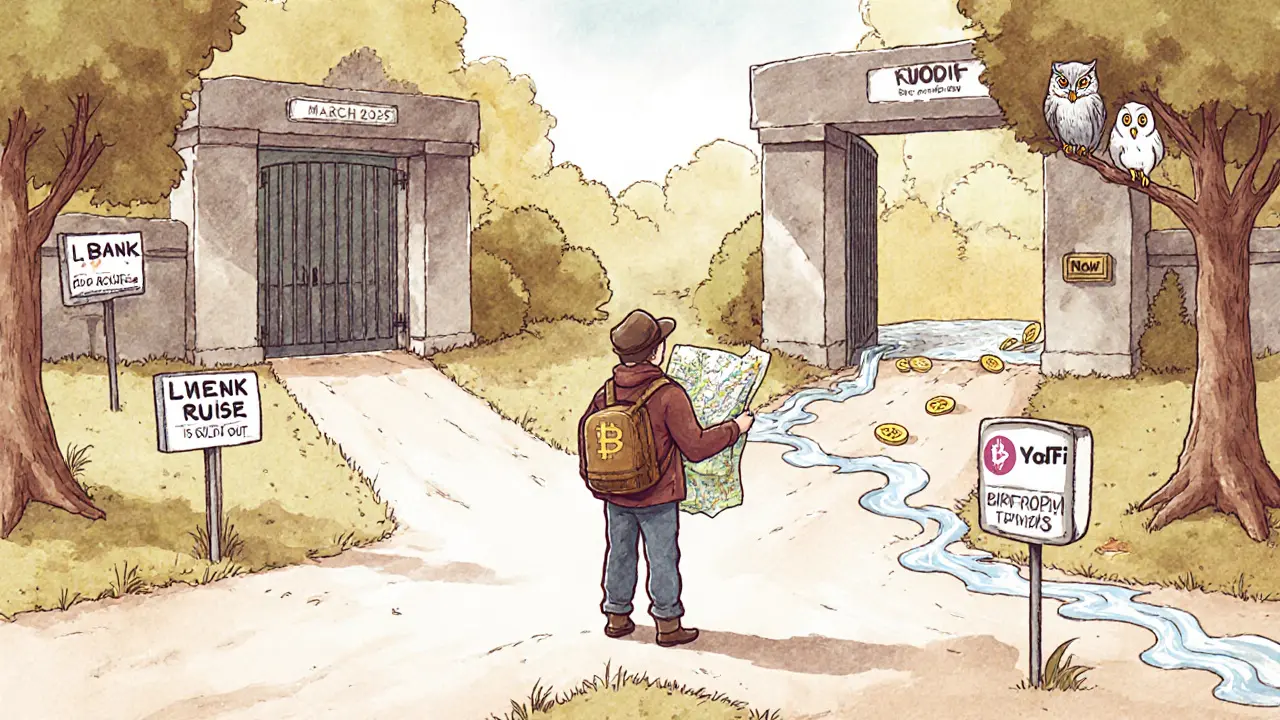 Traveler at crossroads with faded airdrop paths and bright future trail leading to BYDFi.