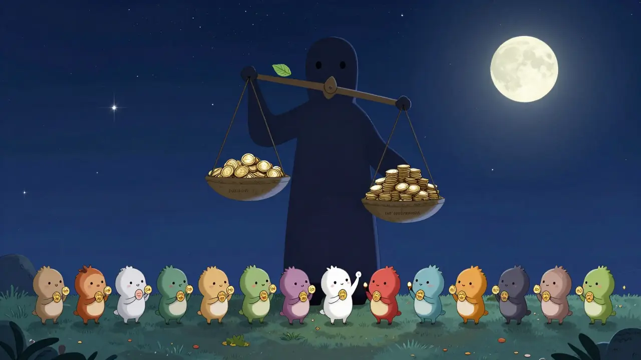 850 quiet figures stand in line under stars, each holding a SUNI token, as a faceless figure balances a leaf against coins.