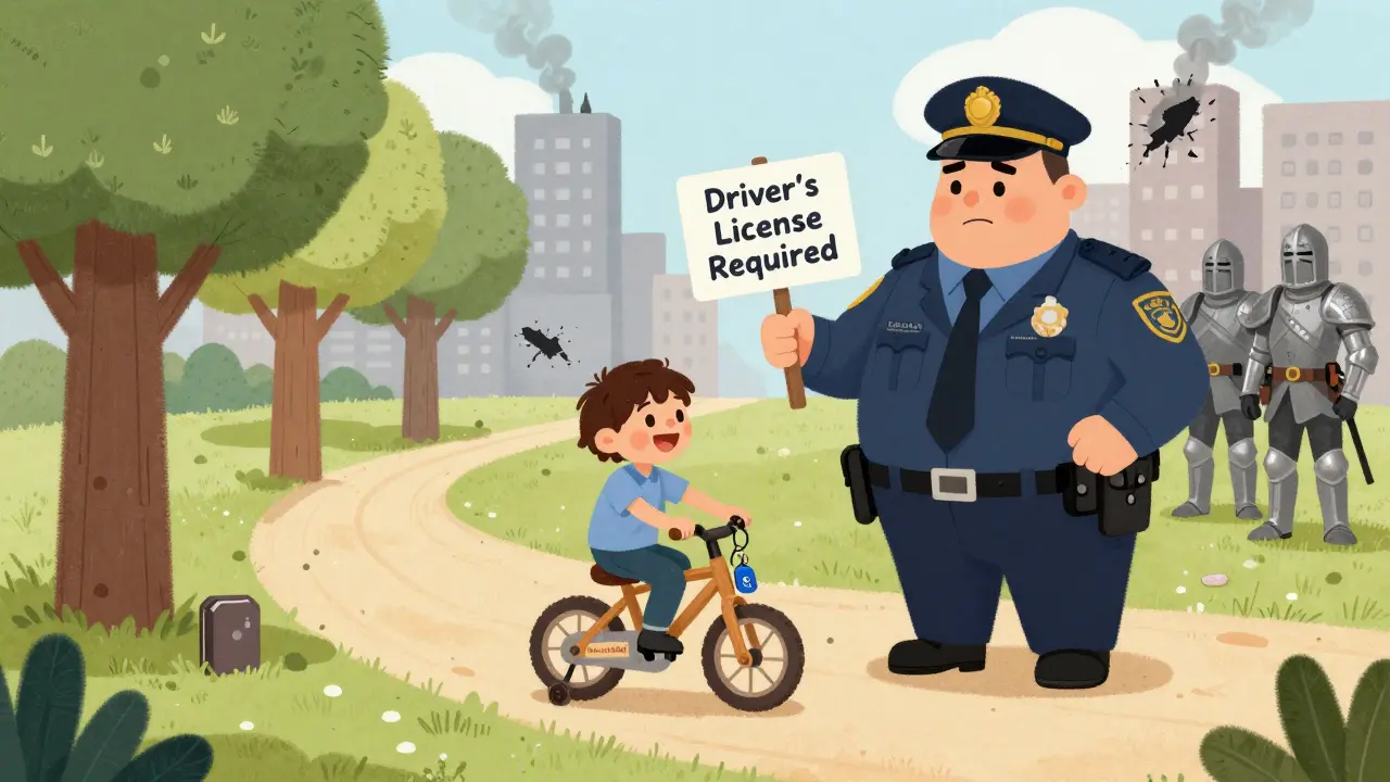 A bicycle representing a non-custodial wallet riding past confused regulators in a blockchain-themed world.