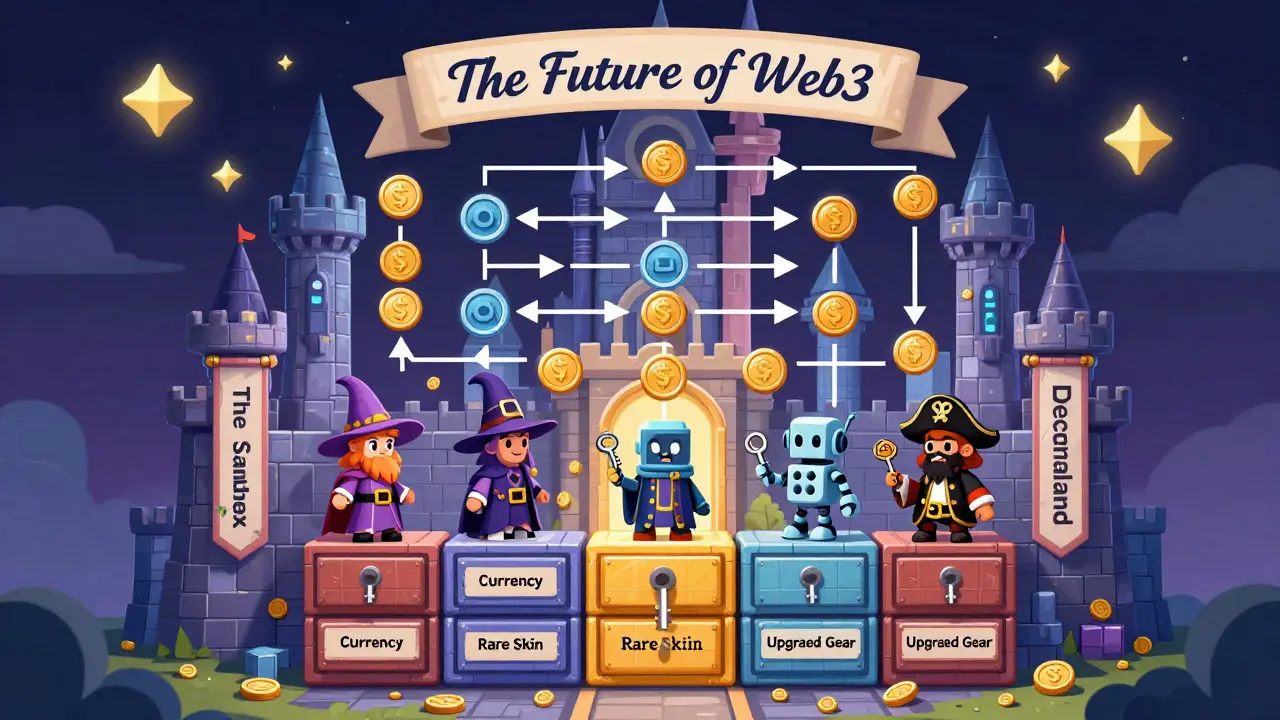 A blockchain castle where characters use one key to access multiple digital items in enchanted drawers.