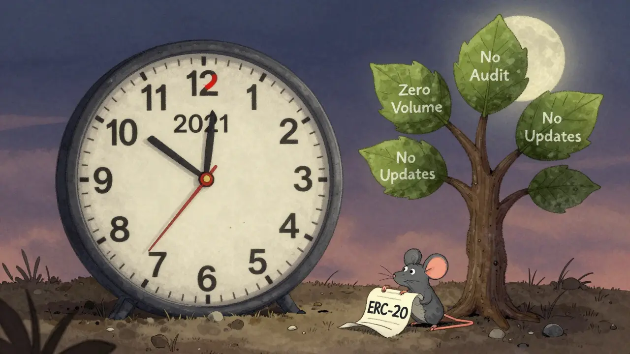 A broken clock frozen at 2021 with a dying blockchain tree and abandoned contract.