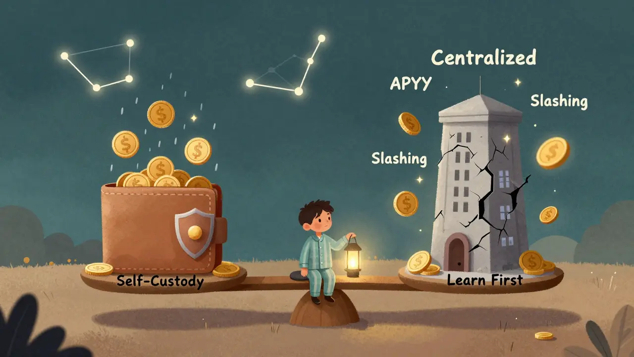 A child balancing a safe wallet against a risky exchange tower, with reward tokens and slashing symbols on a scale.