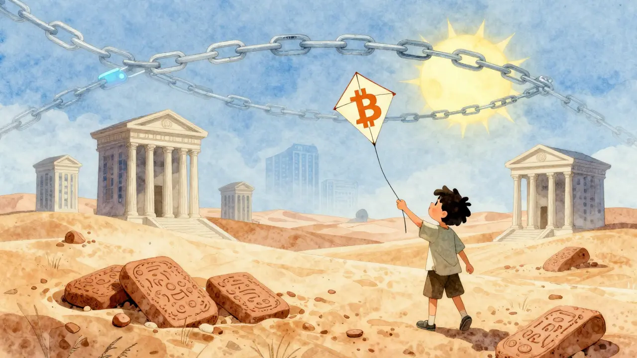 A child flies a Bitcoin-shaped kite over buried dinar tablets, with a digital chain encircling the sun.