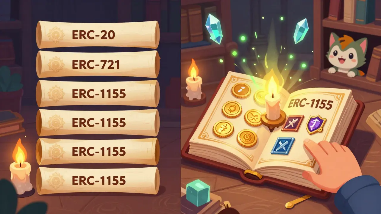 A child flipping open a unified ERC-1155 book, replacing multiple burning contracts with one steady light.