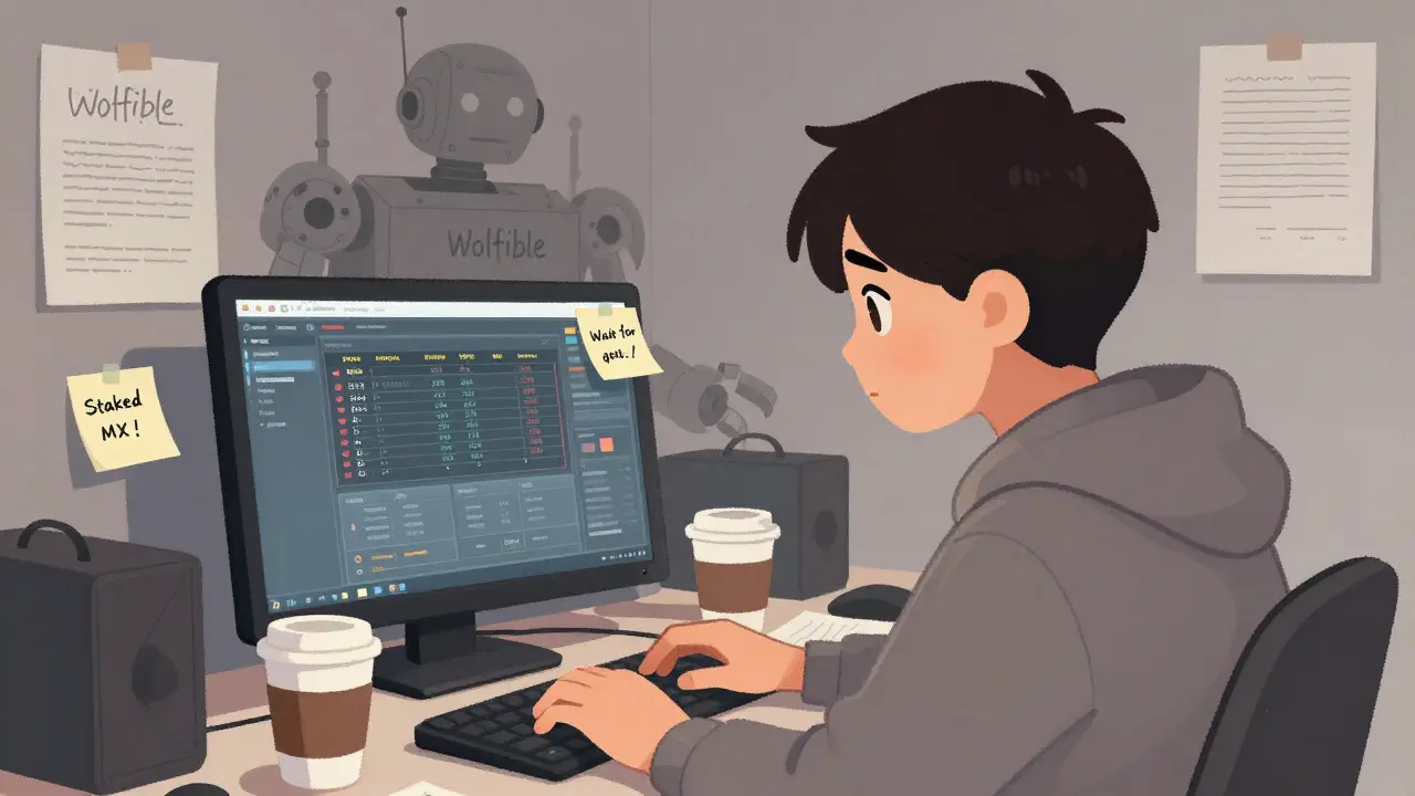 A crypto trader at a desk surrounded by empty cups, with a half-built robot looming behind them in shadow.