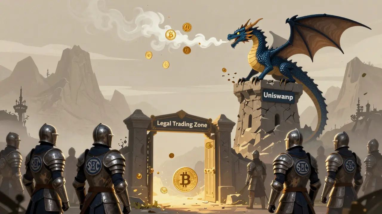 A DeFi dragon atop a crumbling tower while SEC and CFTC knights guard a legal trading gate.