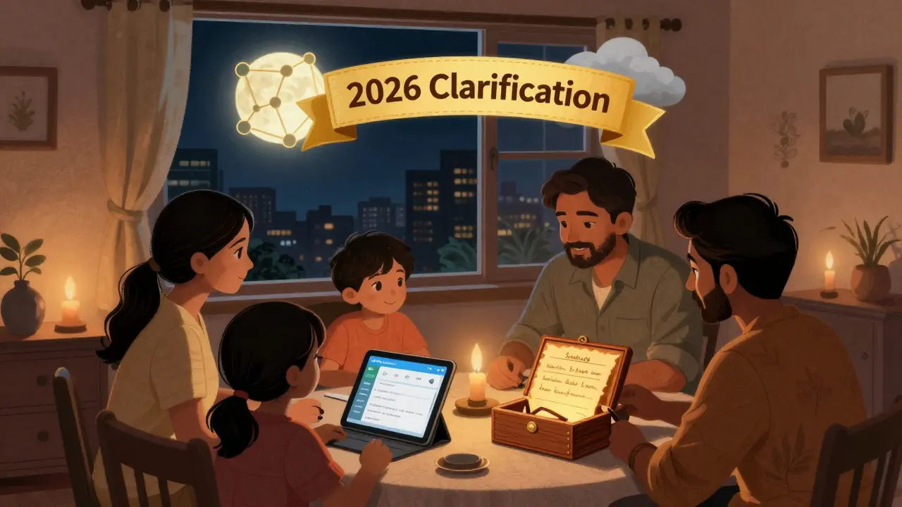 A family safely managing crypto with a hardware wallet and tax tools under a blockchain-shaped moon.