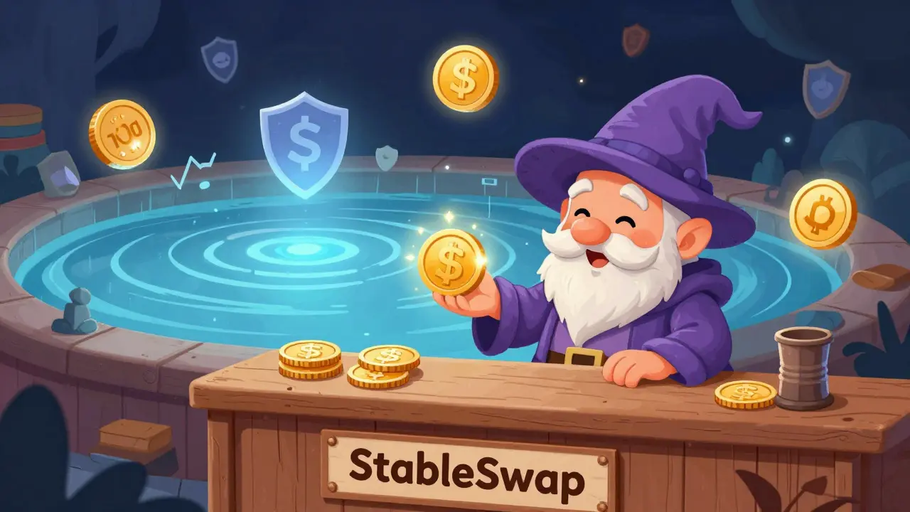 A gnome-like wizard exchanging stablecoins in a calm, glowing pool with no price slippage.