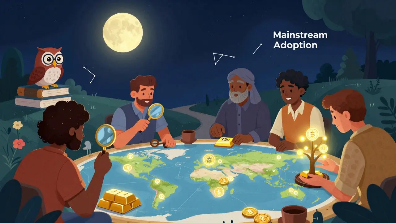 A group of diverse traders gathered around a glowing world map of financial assets, staking KWENTA tokens under a moon shaped like a wallet.