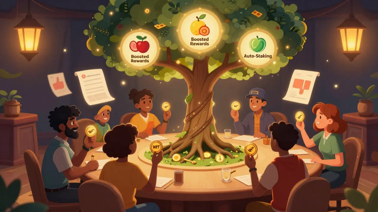 A group of Riders voting on proposals in a lantern-lit DAO chamber with a reward-growing tree.