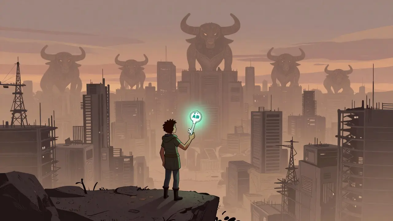 A lone figure holds a glowing Polqueen NFT key before a vast, unfinished metropolis at twilight.