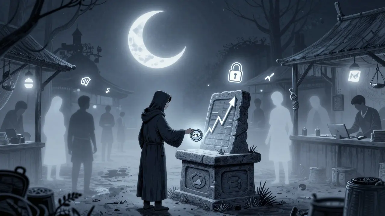 A lone figure places the last MTLX token on an altar as early users fade into mist under a blockchain-shaped moon.