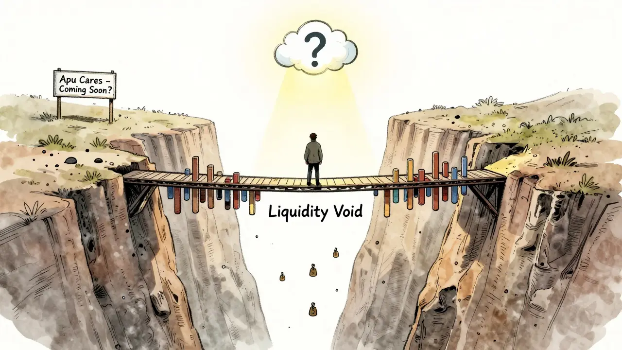 A lone trader stands on a fragile bridge over a liquidity void, with a distant 'Apu Cares' sign glowing faintly above.