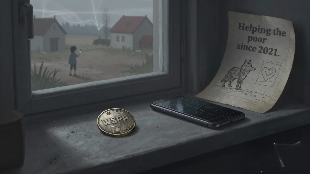 A lone WSPP token on a dusty shelf next to a faded flyer, as a child draws a wolf in the dirt outside.