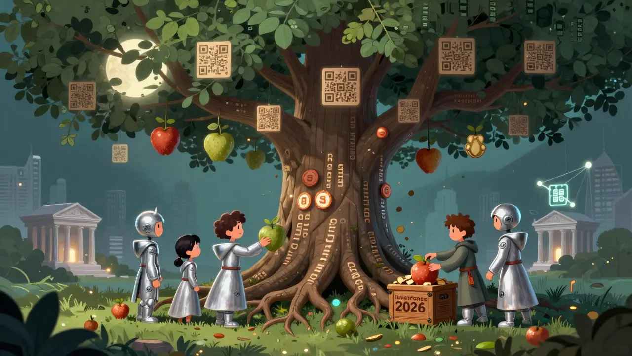 A magical tree with blockchain roots bears digital asset fruits, harvested by children for inheritance.