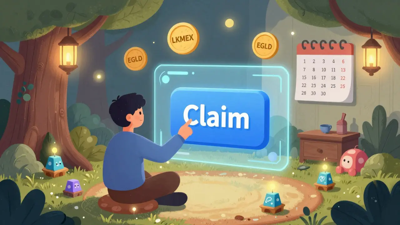 A person clicking a Claim button in a digital treehouse, surrounded by floating LKMEX and EGLD tokens and validator fireflies.