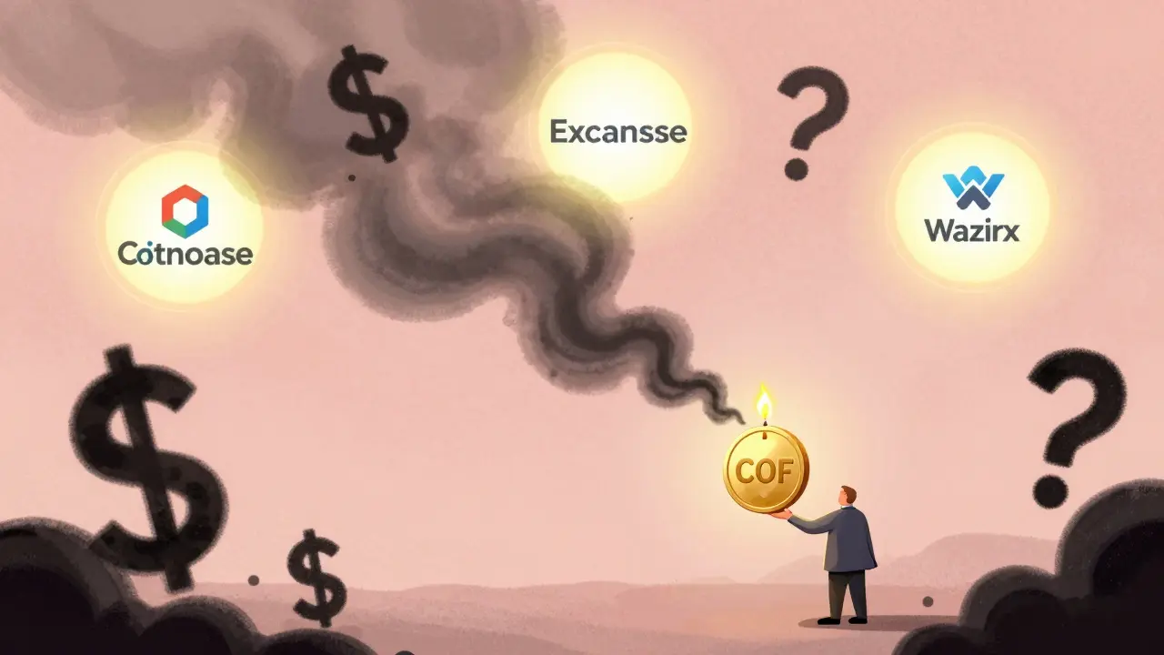 A person holding a fading COF token as dark smoke swirls around them, while trusted exchanges glow in the distance.