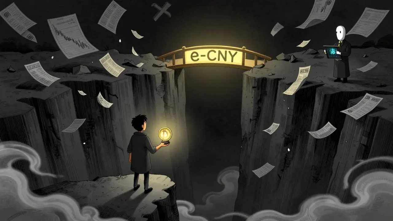 A person stands at a crossroads between collapsing investments and a state-controlled digital currency bridge.