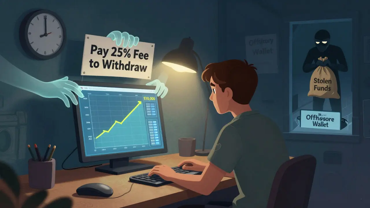 A person staring at a laptop with fake crypto profits, while ghostly hands demand a fee to withdraw.