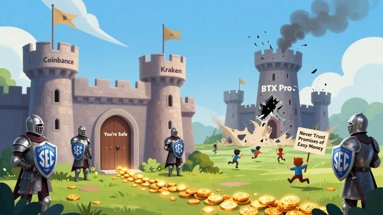 A safe crypto castle guarded by knights, contrasted with a collapsing scam tower labeled BTX Pro.