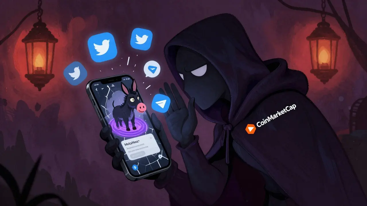 A shadowy scammer with a fake CoinMarketCap logo luring a wallet into a donkey-shaped vortex.