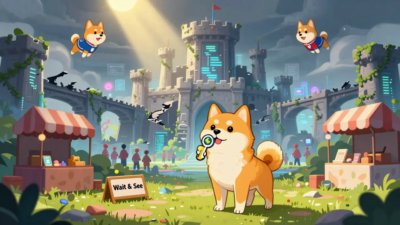A Shiba Inu holds an NFT key before a half-built digital castle, with a shimmering future metaverse glowing faintly in the background.