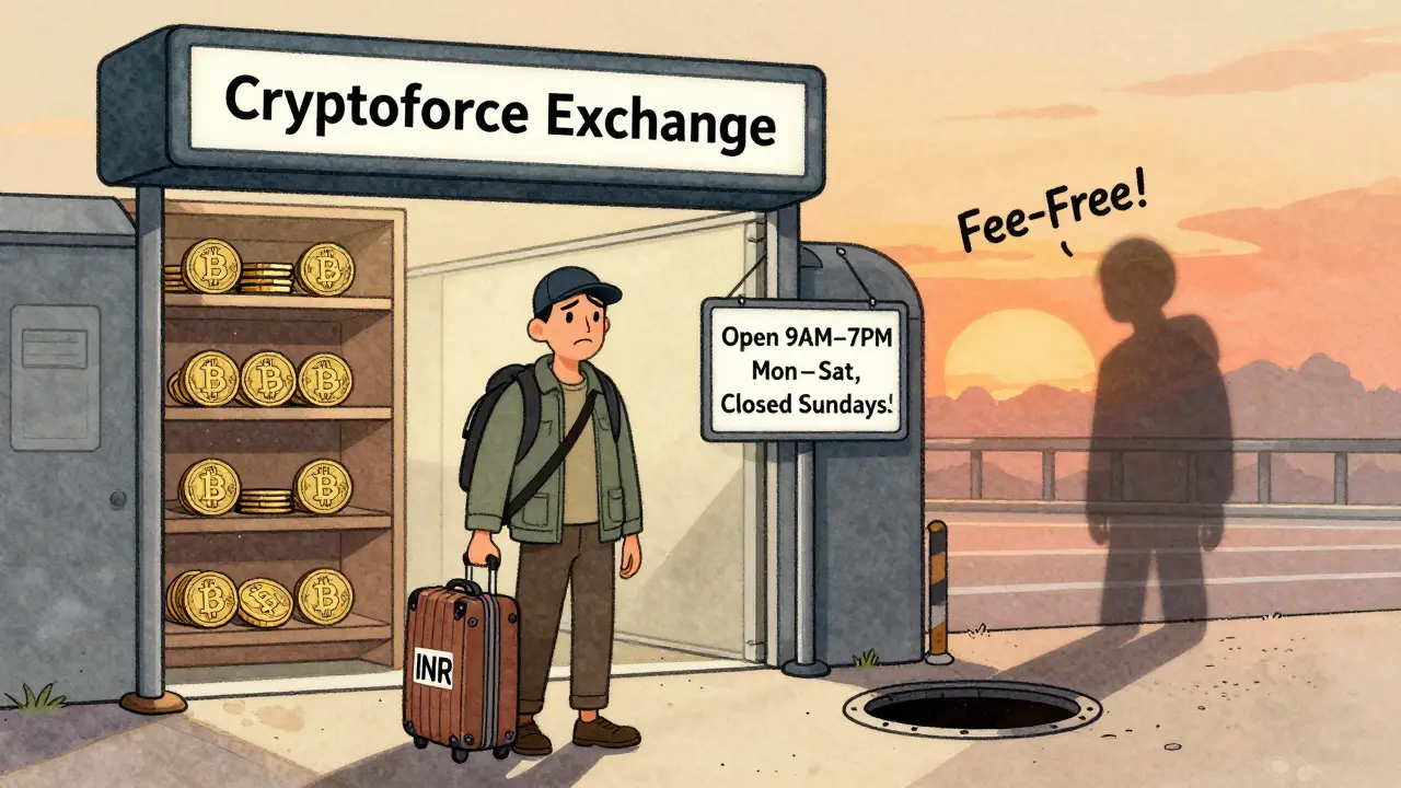 A traveler at a closed crypto exchange gate with coins gathering dust and a deceptive 'Fee-Free' sign.