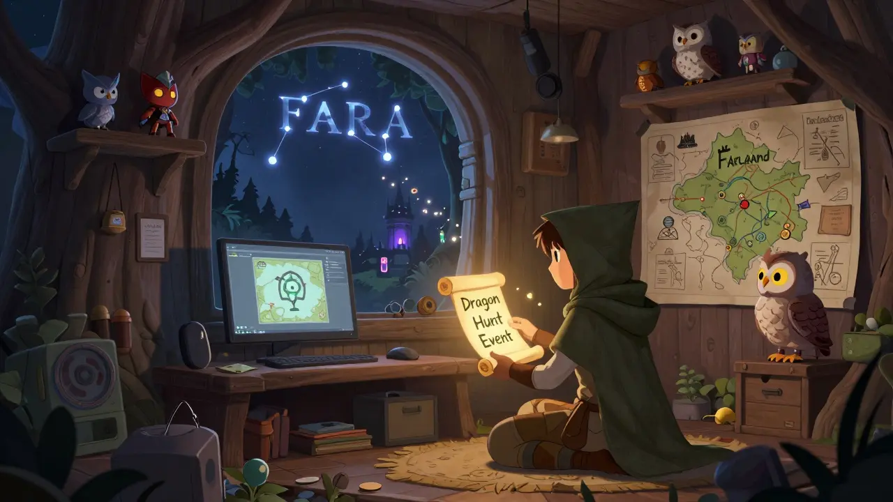 An adventurer receives a seasonal event scroll from a talking owl in a treehouse Discord room filled with NFT heroes.