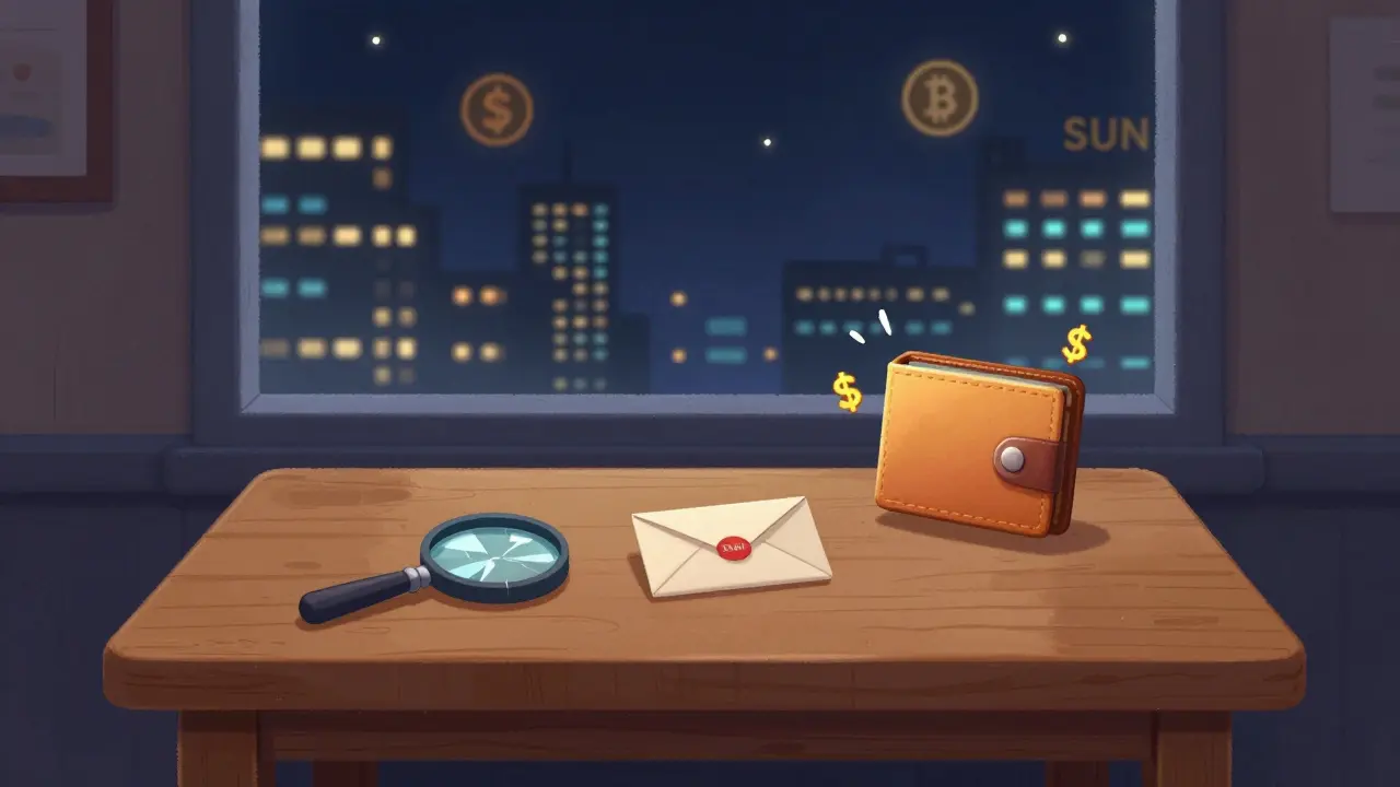 An empty table with a SUNI envelope and a zero-value wallet icon, while a distant city glows with crypto charts.