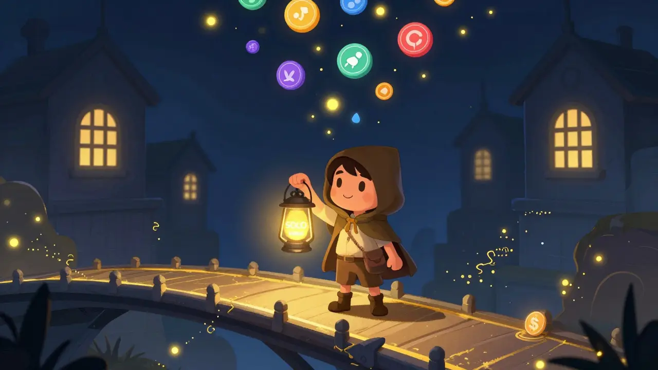 An explorer stands on a glowing blockchain bridge as SOLO and CORE tokens rain like fireflies around them.