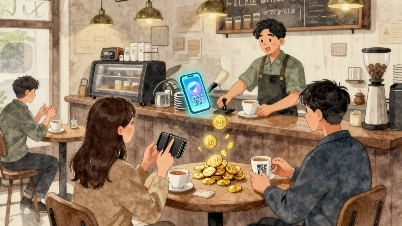 An underground crypto trade happens in a Shanghai coffee shop, with people exchanging yuan and digital wallets discreetly.