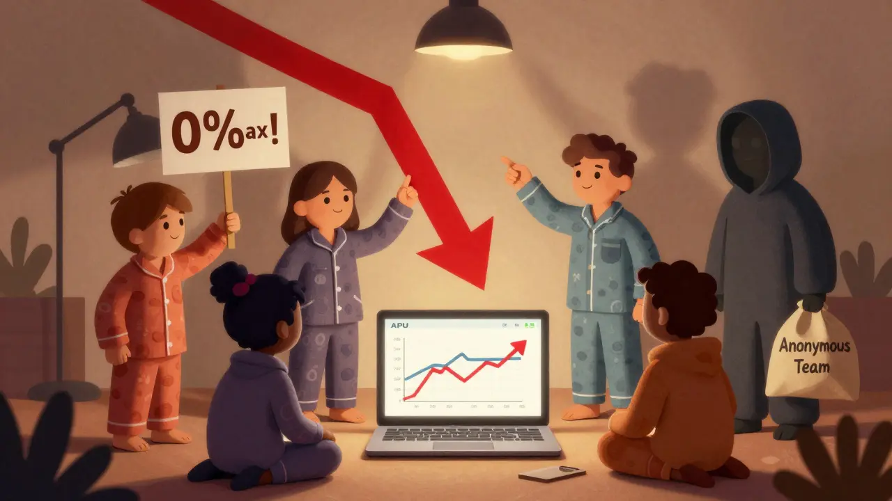 Cartoon characters react to a crashing APU price chart around a cozy laptop, one holding a '0% Tax!' sign.