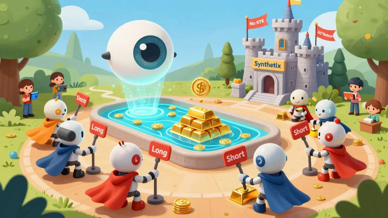 Cartoon robots trading synthetic gold and Tesla shares on a magical blockchain floor, watched by a giant oracle eye above a river of SNX tokens.