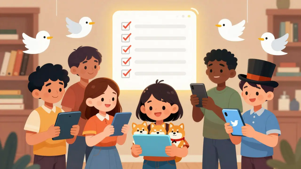 Children complete social media tasks with tablets as cartoon Twitter birds flutter nearby and a glowing checklist appears above them.