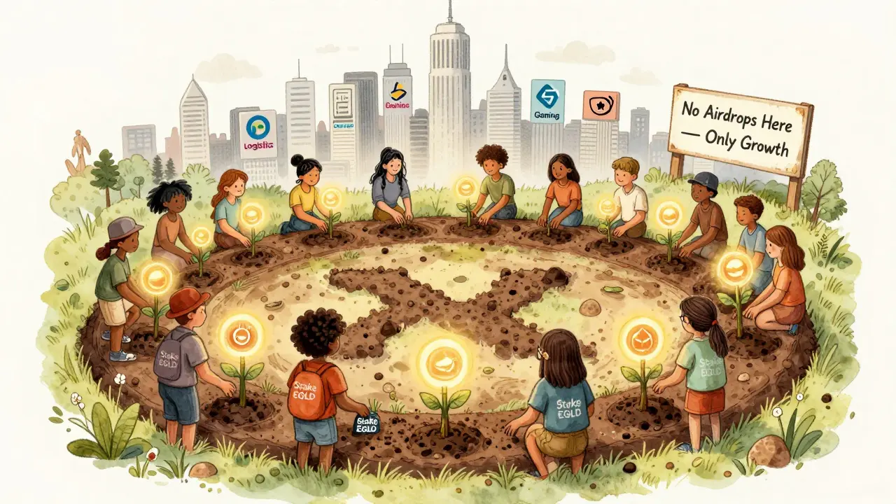 Diverse characters planting EGLD seedlings in a circular garden that grows into token-bearing trees under a tech-infused skyline.