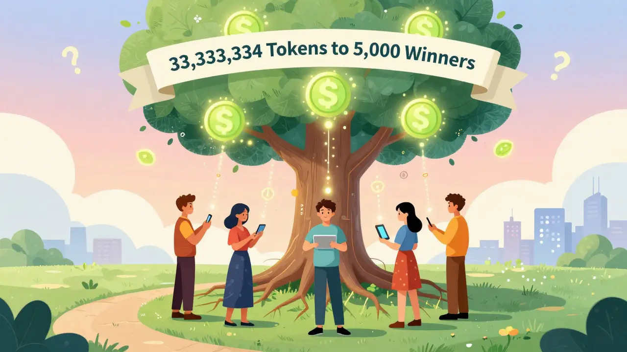 Five people connect devices to a blockchain tree with SNE token leaves under a glowing sky.