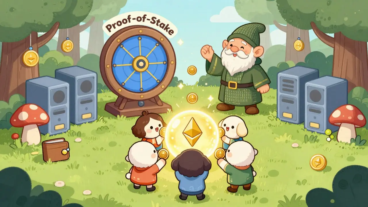 Five small characters combining coins into a glowing orb, watched by a validator gnome in a magical forest.