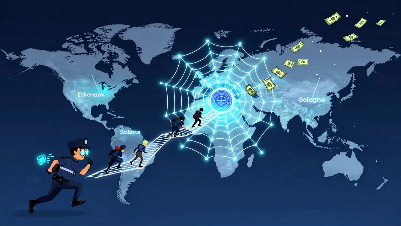 Glowing blockchain web with criminals escaping across chains, chased by investigators and recovering money.