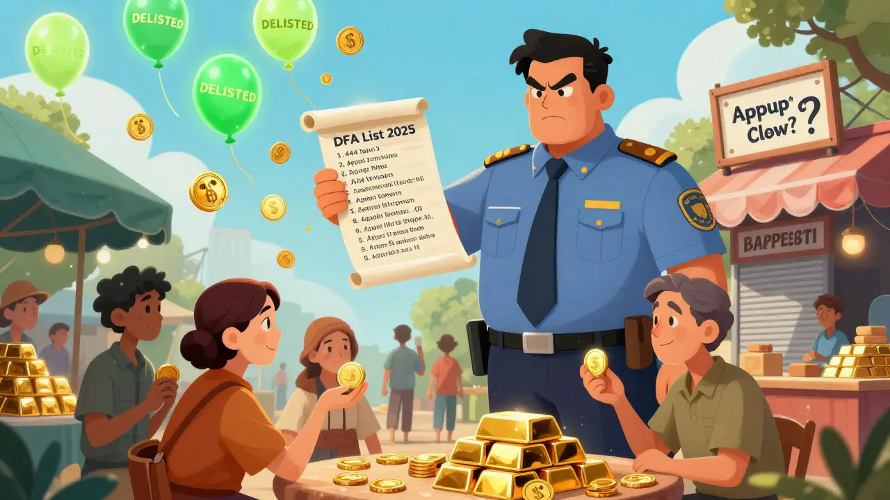Marketplace with digital coins and gold bars, giant regulator holding DFA list, delisted tokens popping.