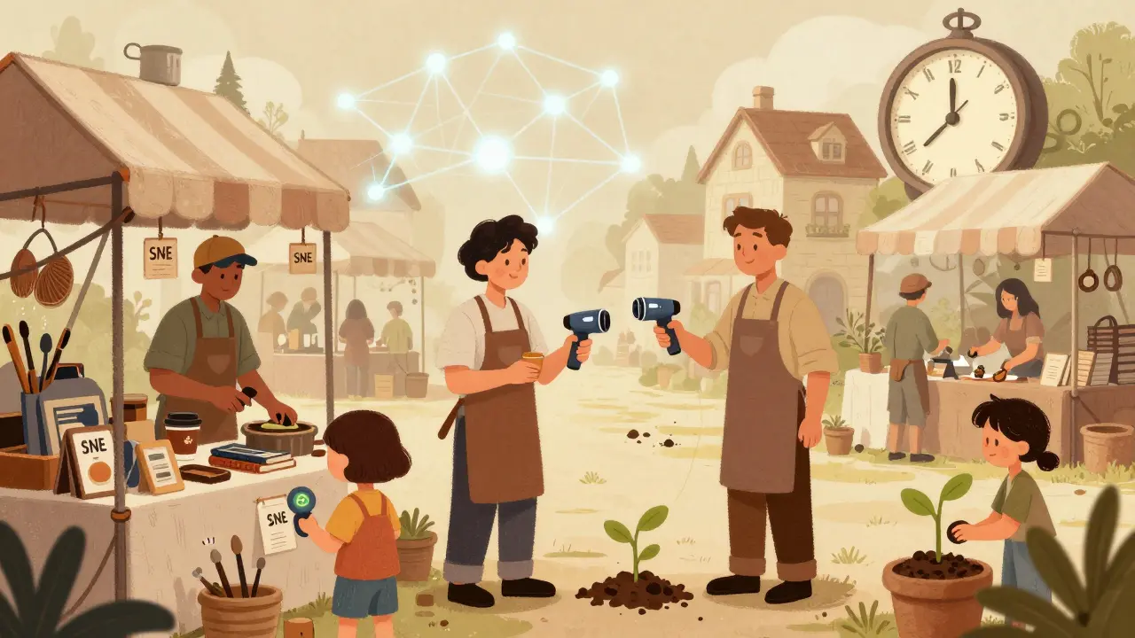Merchants accept SNE tokens at a whimsical market under a glowing Polygon network.