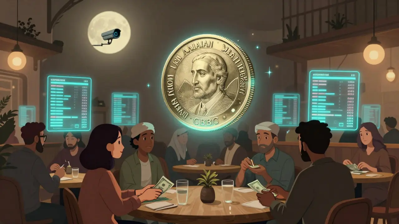 People trade cash in a cafe while invisible digital logs and a watchful eye symbolize surveillance.