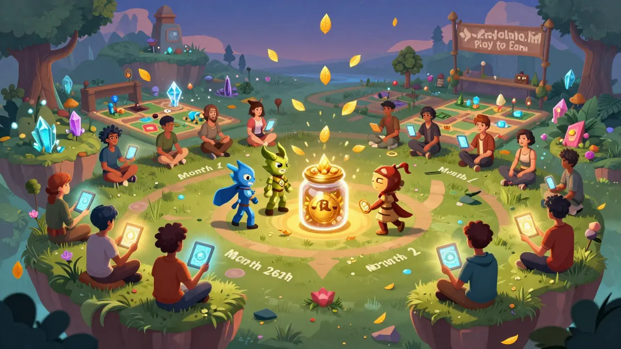 Players in a fantasy battlefield watching their NFT heroes fight as FARA tokens fall like leaves from the sky.